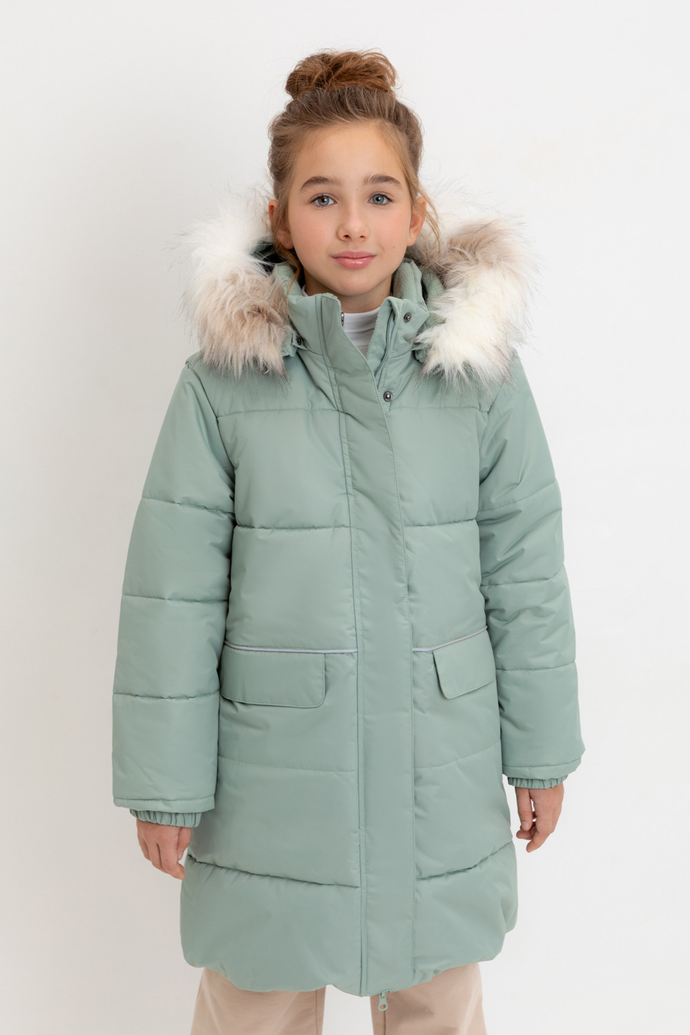 Пальто для девочки, артикул: ВК 38094/8 УЗГ, цвет: зеленый